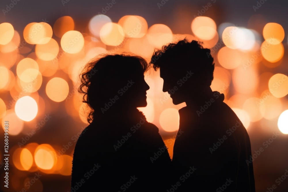 silhouette of Couple in Love with Bokeh Lights silhouette of Couple in Love with Bokeh Lights