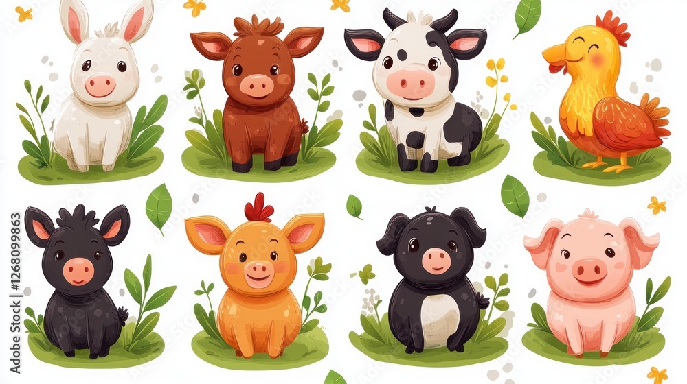 Fototapeta premium Cute cartoon farm animals illustration.