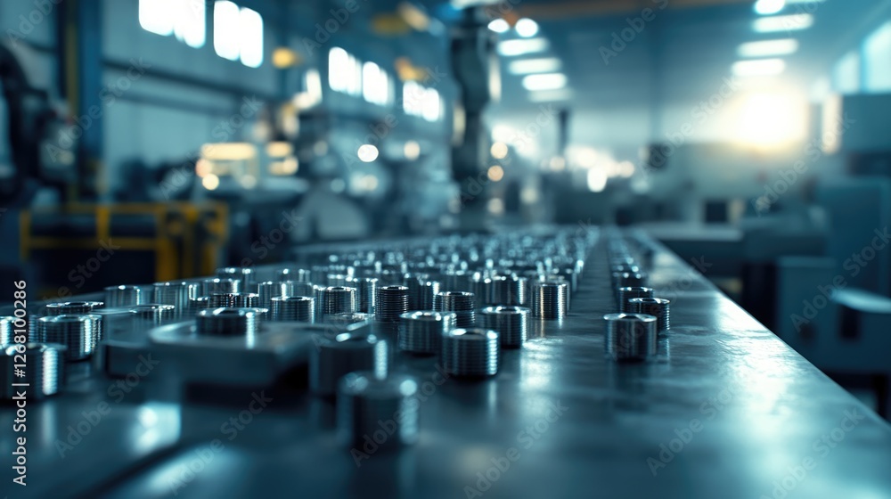 Fototapeta premium Precisely arranged metallic components on a factory assembly line