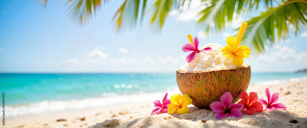 Obraz premium Refreshing tropical drink in coconut shell on beach, vacation bliss