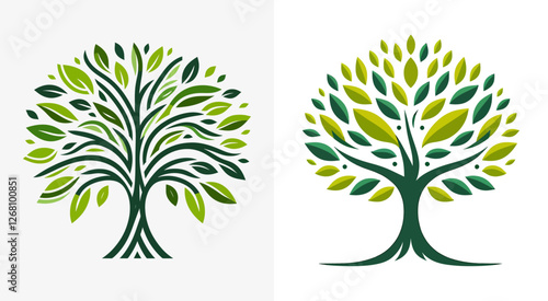 Stylized tree set illustrations, green and yellow leaves, environmental logos