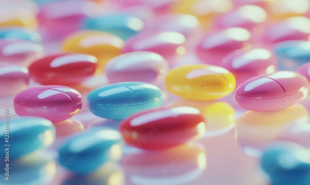Abstract close-up of colorful pills on a clean white surface, soft reflections creating a medical and pharmaceutical theme, bright tones Abstract close-up of colorful pills on a clean white surface, soft reflections creating a medical and pharmaceutical theme, bright tones