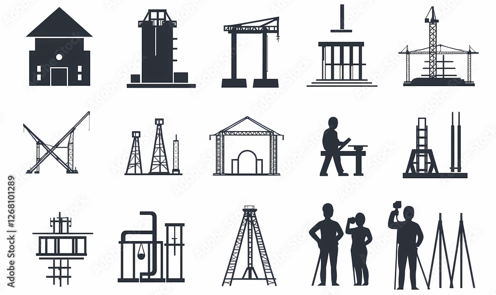 Construction Icons Set: A comprehensive collection of 16 construction icons, encompassing various stages of building and development. Construction Icons Set: A comprehensive collection of 16 construction icons, encompassing various stages of building and development.