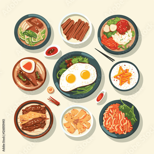 food, tasty, asian, delicious, cuisine, korean food, traditional, meal, vegetable, korean, dinner, lunch, bowl, restaurant, spicy, kimchi, healthy, dish, background, cooking, illustration, hot, rice, 