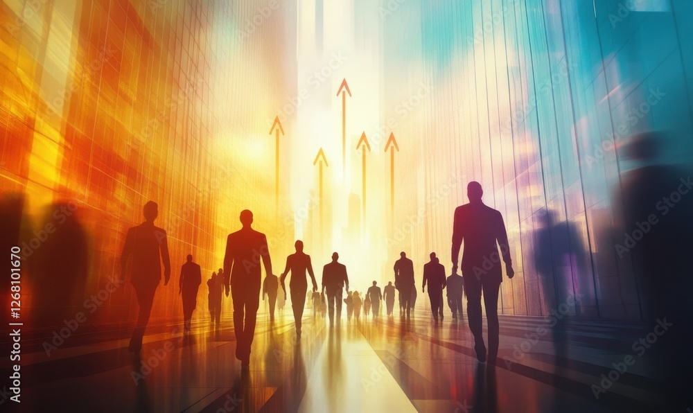 Fototapeta premium Abstract concept of career growth represented by silhouettes of people and arrows pointing upward, soft glowing light emphasizing the progression theme