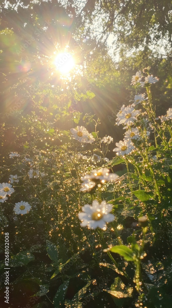 Obraz premium Daisies kissed by sunlight, a symphony of golden hues and morning freshness