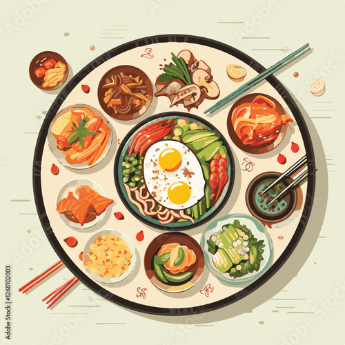 food, tasty, asian, delicious, cuisine, korean food, traditional, meal, vegetable, korean, dinner, lunch, bowl, restaurant, spicy, kimchi, healthy, dish, background, cooking, illustration, hot, rice, 