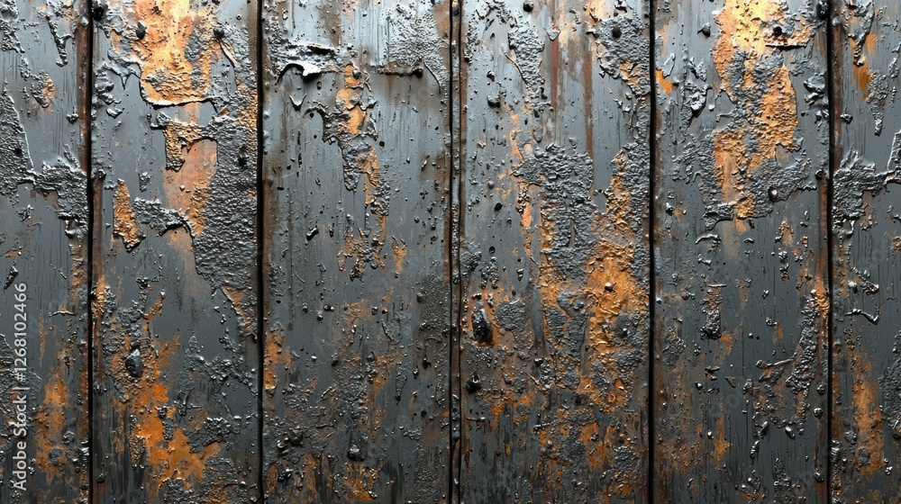 Textured surface of weathered metal with rust and peeling paint.