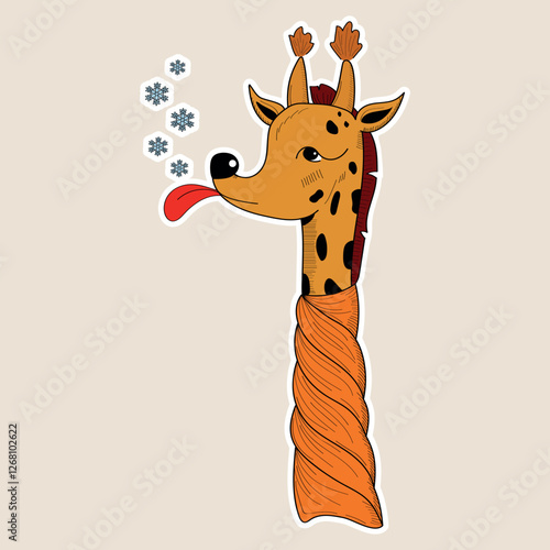 Vector image of a giraffe. Giraffe in a scarf tries snowflakes. New Year vector. Cute sticker with a giraffe