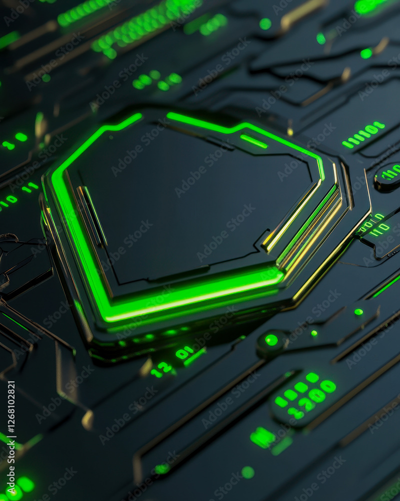Futuristic green glowing blank button on circuit board Futuristic green glowing blank button on circuit board