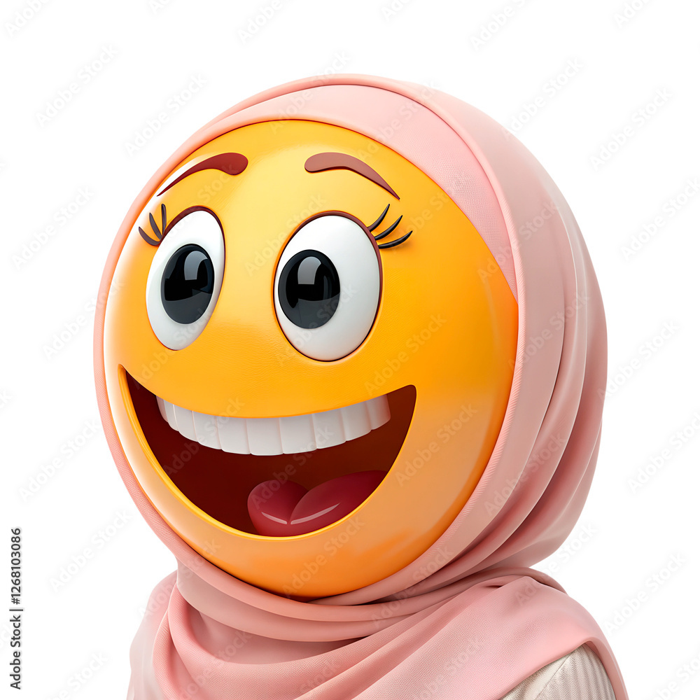 Fototapeta premium An orange smiley face in a pink hijab, showcasing a genuine grin and expressive eyes. The soft fabric hue adds a gentle touch, lending a vibrant, cheerful charm.