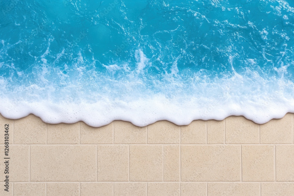 Obraz premium Soft white wave crests on turquoise water, gently lapping a tiled beige surface.