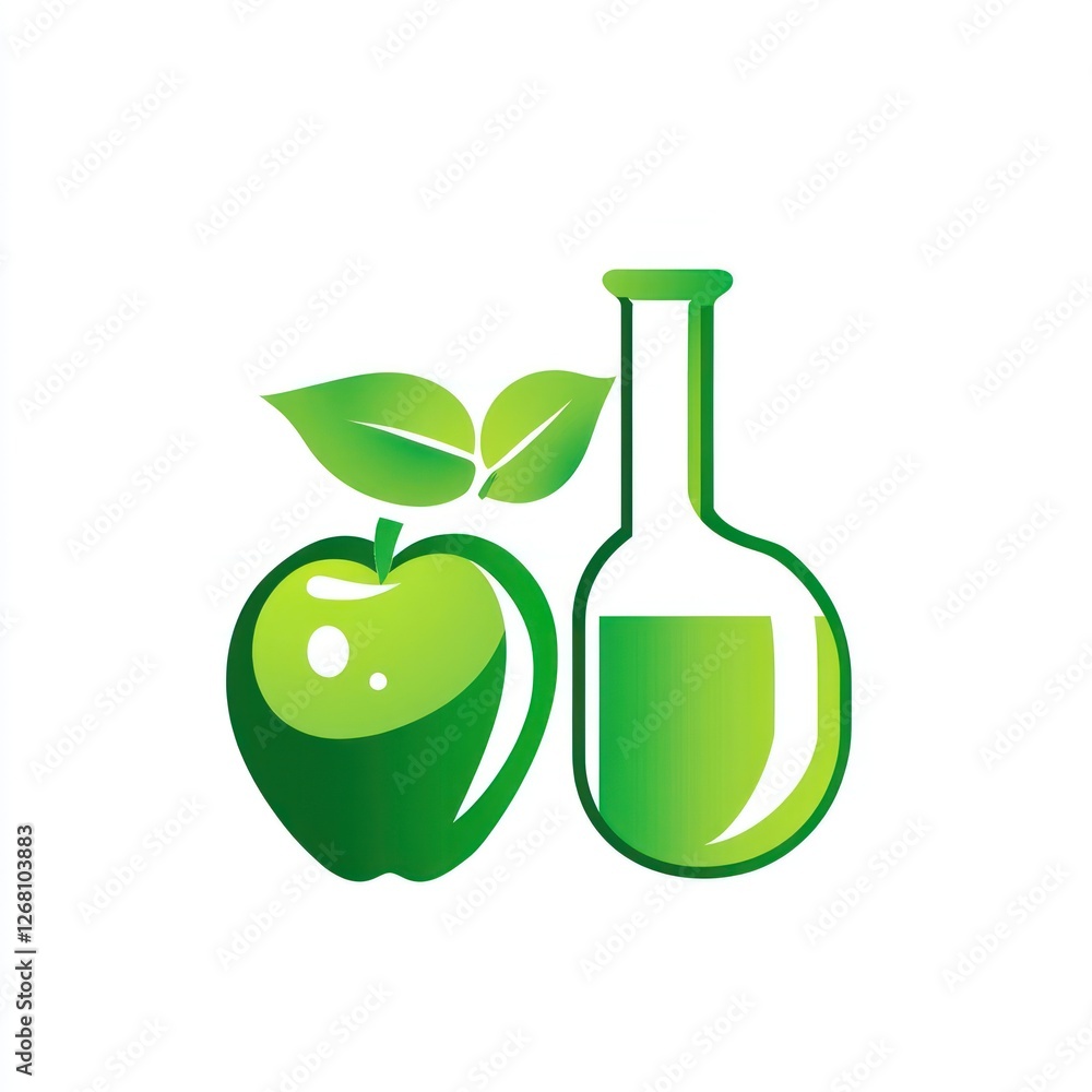 Green apple and lab flask; healthy food science Green apple and lab flask; healthy food science