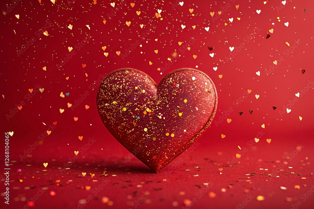 Red glitter heart, confetti, Valentine's Day, romantic background, greeting card Red glitter heart, confetti, Valentine's Day, romantic background, greeting card