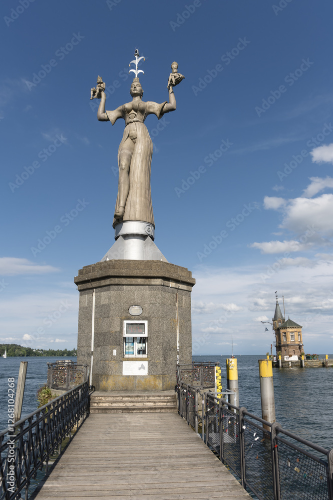 Fototapeta premium Imperia Statue and the pier of Konstanz harbor, Bodensee, Lake Constance, Germany