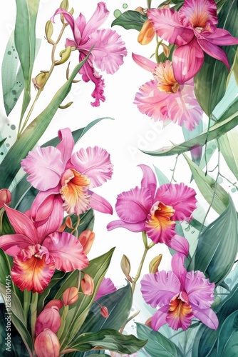 A wedding card design featuring soft watercolor Cattleya flowers in pink hues, framing a horizontal space
