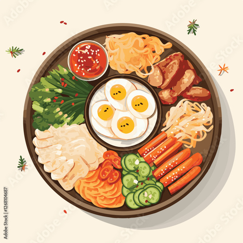 food, tasty, asian, delicious, cuisine, korean food, traditional, meal, vegetable, korean, dinner, lunch, bowl, restaurant, spicy, kimchi, healthy, dish, background, cooking, illustration, hot, rice, 