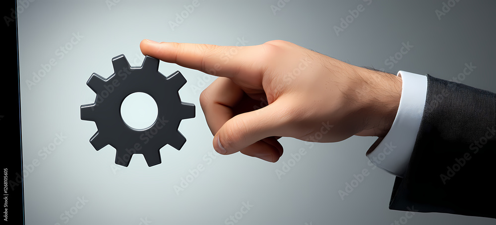 Mechanism of Success: A close-up, conceptual shot of a hand, clad in a business suit, delicately pointing to a large, metallic cog. Mechanism of Success: A close-up, conceptual shot of a hand, clad in a business suit, delicately pointing to a large, metallic cog.