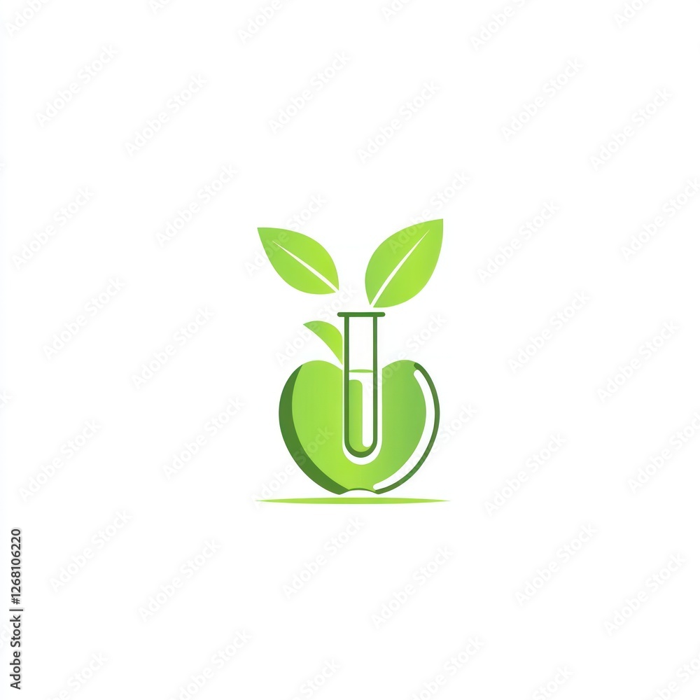 Green apple with test tube, eco-friendly food research, logo design Green apple with test tube, eco-friendly food research, logo design