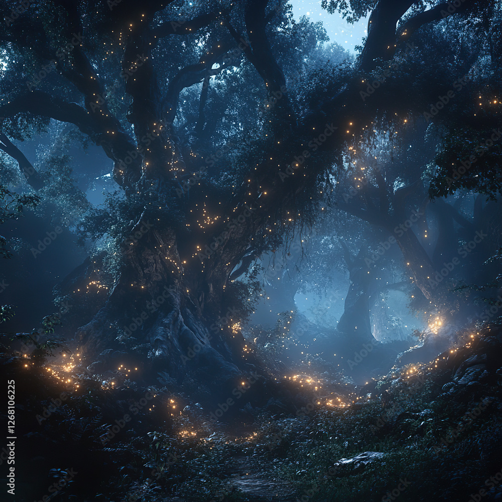 Obraz premium Mystical Ancient Tree with Fireflies