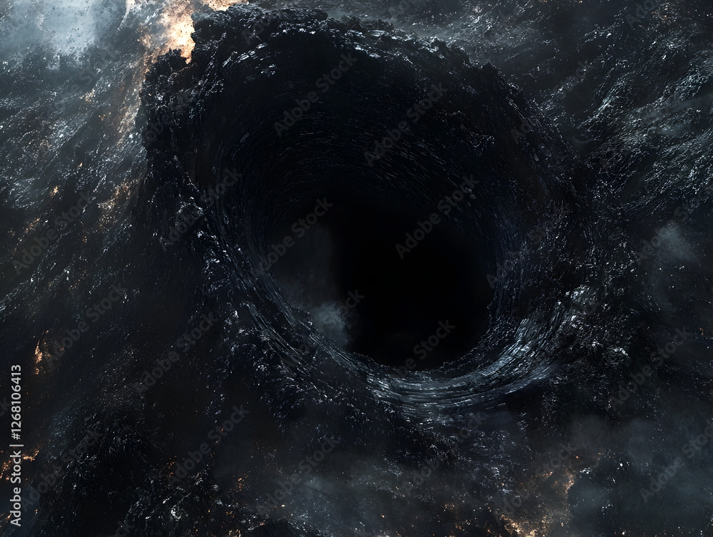 Fototapeta premium <Mysterious Black Hole in Deep Space: Astrophotography of Cosmic Galaxy with Swirling Gases and Stars in the Infinite Universe>