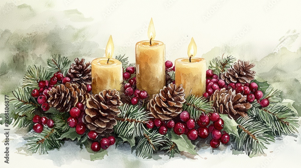 Festive Candles Adorned With Pinecones Berries And Greenery Festive Candles Adorned With Pinecones Berries And Greenery