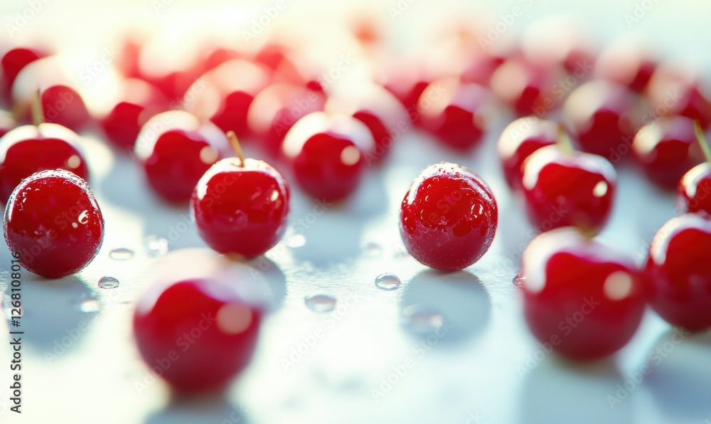Close-up of glossy red cherries scattered on a clean white table, rich color and natural sheen highlighted, fresh fruit snack, vibrant summer feel Close-up of glossy red cherries scattered on a clean white table, rich color and natural sheen highlighted, fresh fruit snack, vibrant summer feel