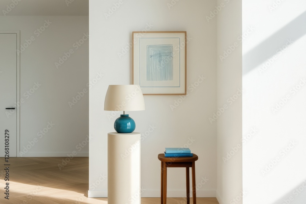 modern interior with blue lamp and artwork modern interior with blue lamp and artwork