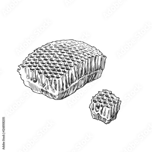 Vector hand-drawn illustration of honeycomb. Black and white sketch of honey comb. Beekeeping.
