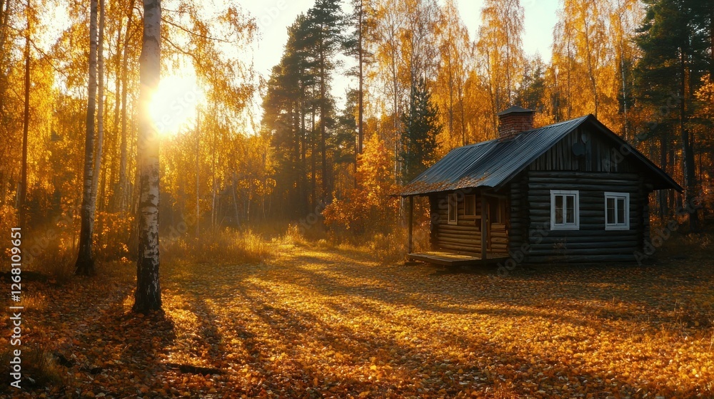 Autumn Sunrise Cabin In Golden Forest Autumn Sunrise Cabin In Golden Forest