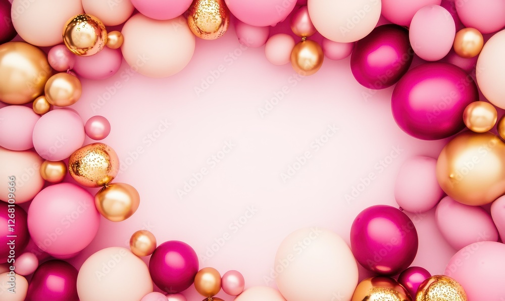 Obraz premium Elegant pink and gold balloons framed by a subtle pastel backdrop for special events.