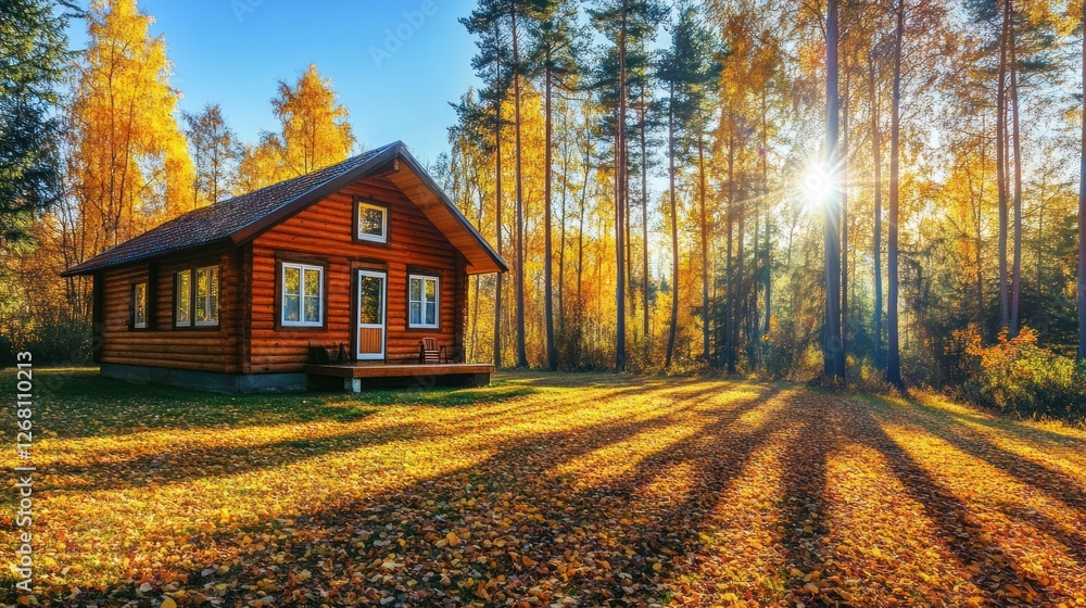 Wooden Cabin Autumn Forest Sunlight Landscape Wooden Cabin Autumn Forest Sunlight Landscape
