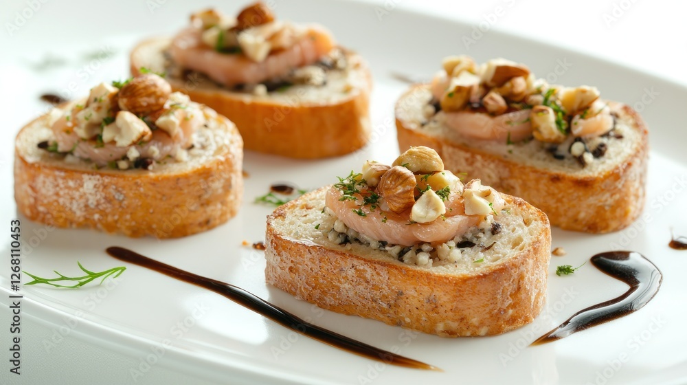 Gourmet Salmon Bruschetta Bites on a Plate with Balsamic Glaze Gourmet Salmon Bruschetta Bites on a Plate with Balsamic Glaze