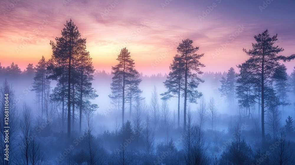 Fototapeta premium Misty Winter Sunrise Forest Scene With Tall Pines