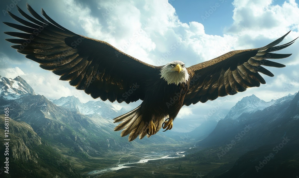 Illustrate a majestic, soaring eagle with focused eyes scanning the distant landscape from a dramatic birds-eye view Illustrate a majestic, soaring eagle with focused eyes scanning the distant landscape from a dramatic birds-eye view