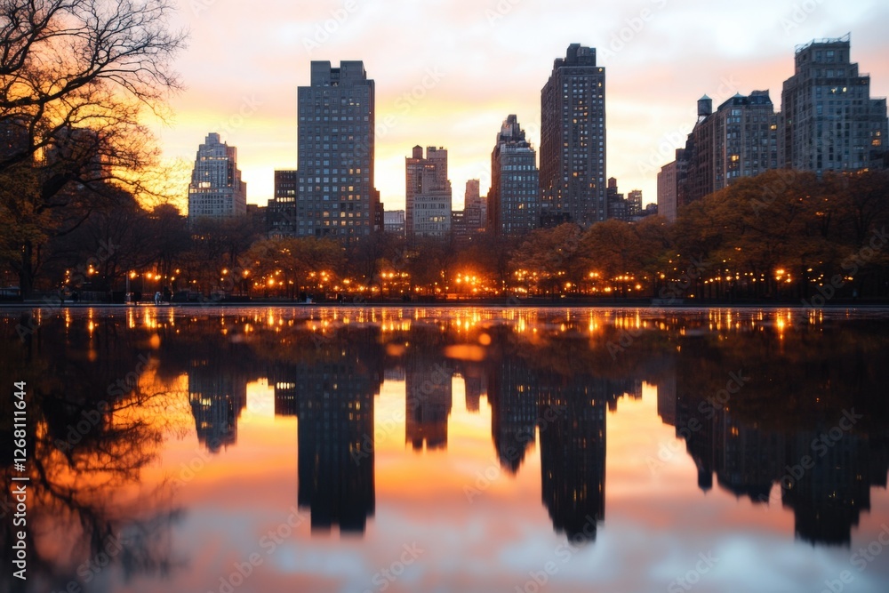 Obraz premium City Skyline Reflection at Sunset