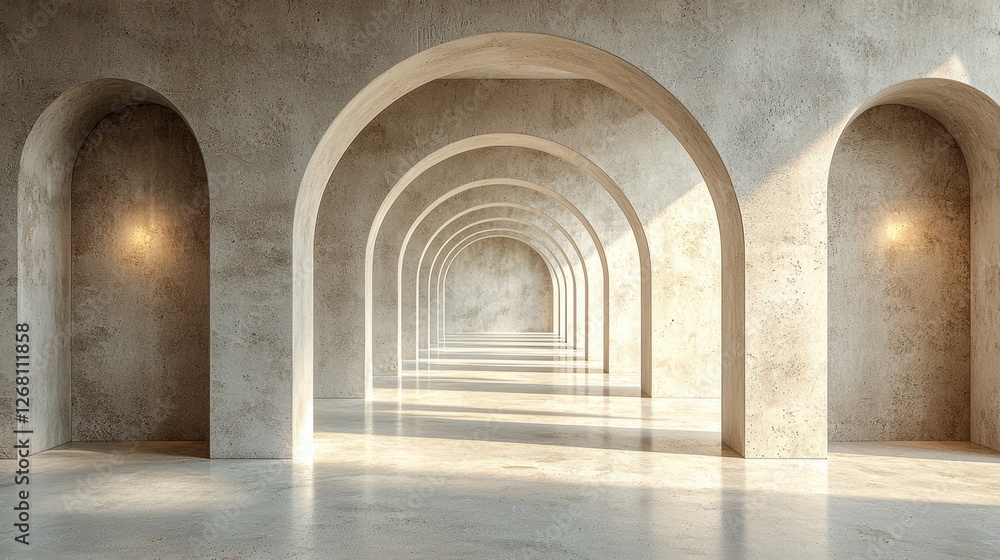 Fototapeta premium A serene architectural space featuring arched openings and soft lighting.