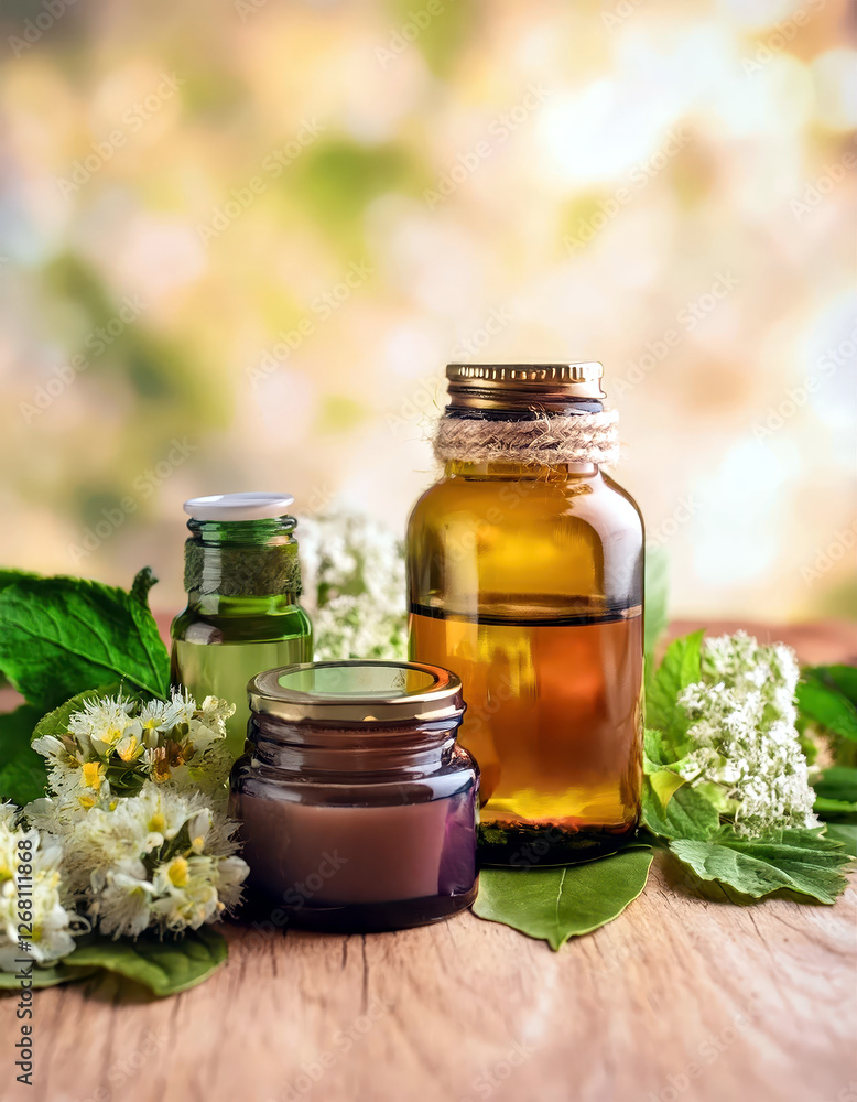 Herbal Creams and Essential Oils in Glass Jars Surrounded by White Flowers and Leaves Herbal Creams and Essential Oils in Glass Jars Surrounded by White Flowers and Leaves