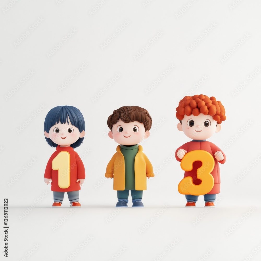 three cartoon children stand together holding numbers three cartoon children stand together holding numbers