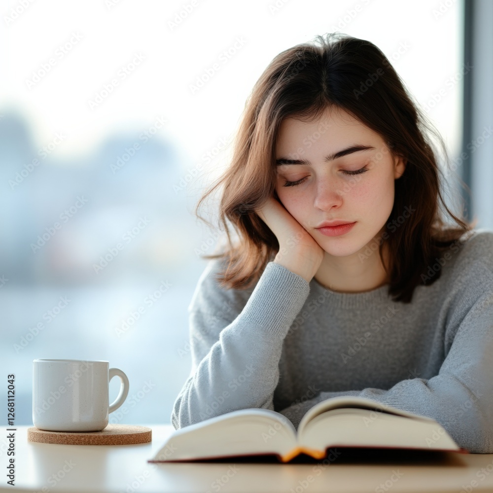 Young Woman Studying and Resting with Book and Coffee Young Woman Studying and Resting with Book and Coffee