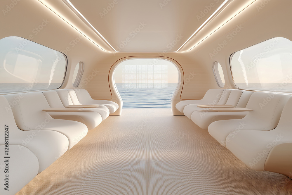 Obraz premium A beautifully designed futuristic lounge with elegant curved seating, large panoramic windows, and soft ambient lighting, offering a breathtaking view of the ocean. 