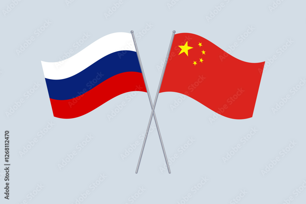 Flags of Russia and China. Crossed flags of China and Russia. Official colors.