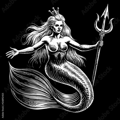 vector illustration. Mermaid with trident