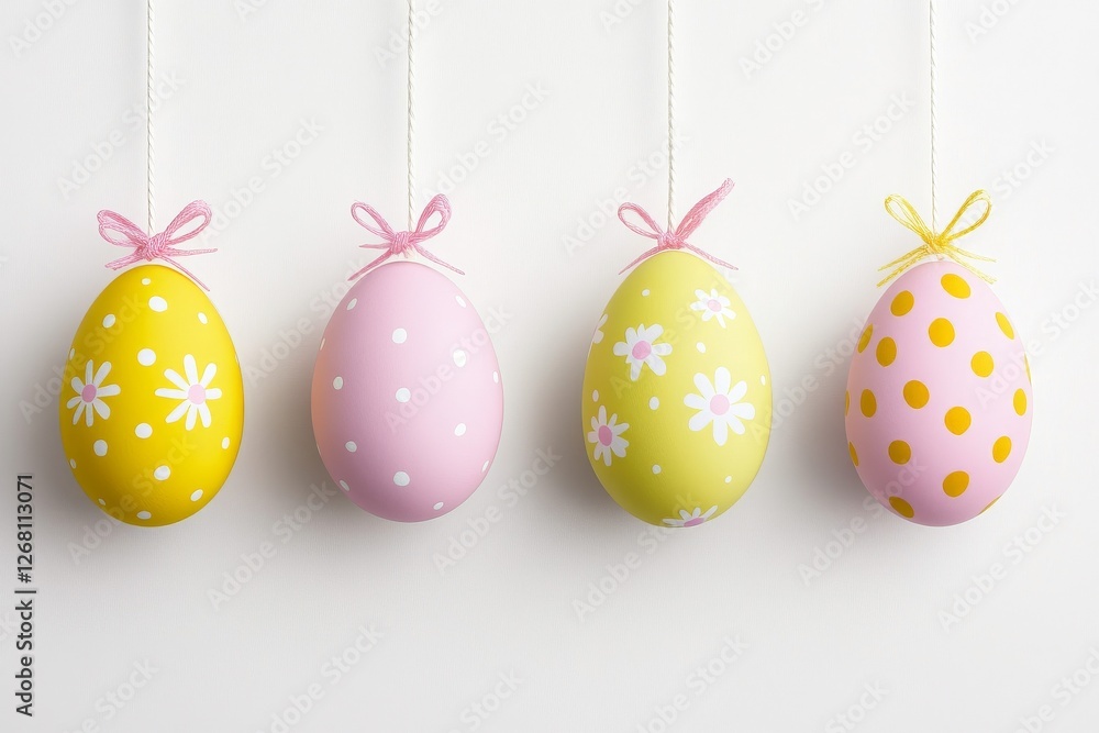 Colorful Easter Eggs with Ribbons and Flowers on White Background – Pink and Yellow Decor for Spring Celebrations Colorful Easter Eggs with Ribbons and Flowers on White Background – Pink and Yellow Decor for Spring Celebrations