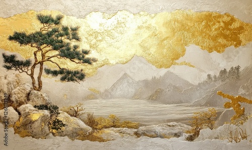 Set against a beautiful Japanese landscape, this stucco wall displays a textured effect complemented by gold highlights.