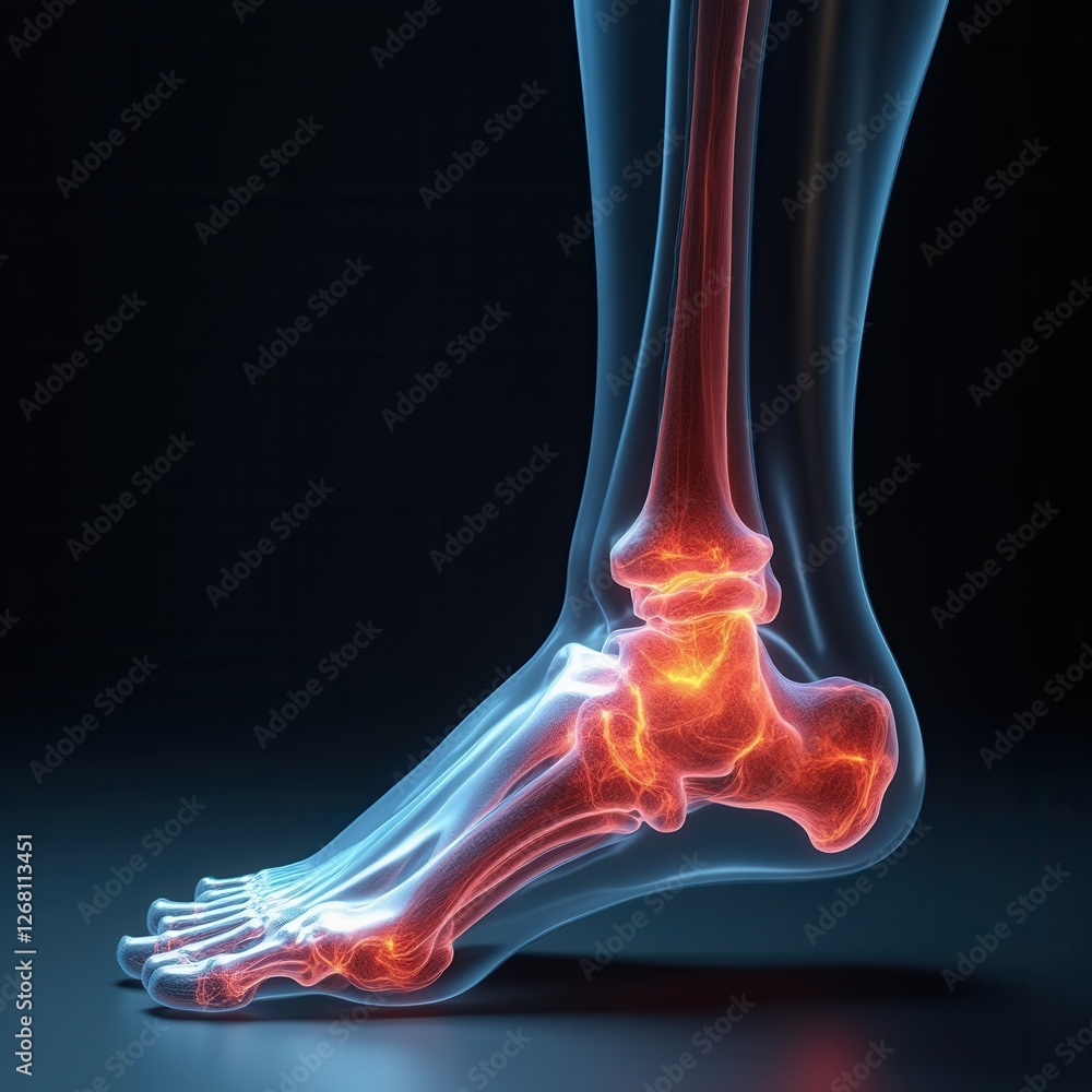 Technical 3D X-ray Visualization of Human Foot Bones on Dark Background Technical 3D X-ray Visualization of Human Foot Bones on Dark Background
