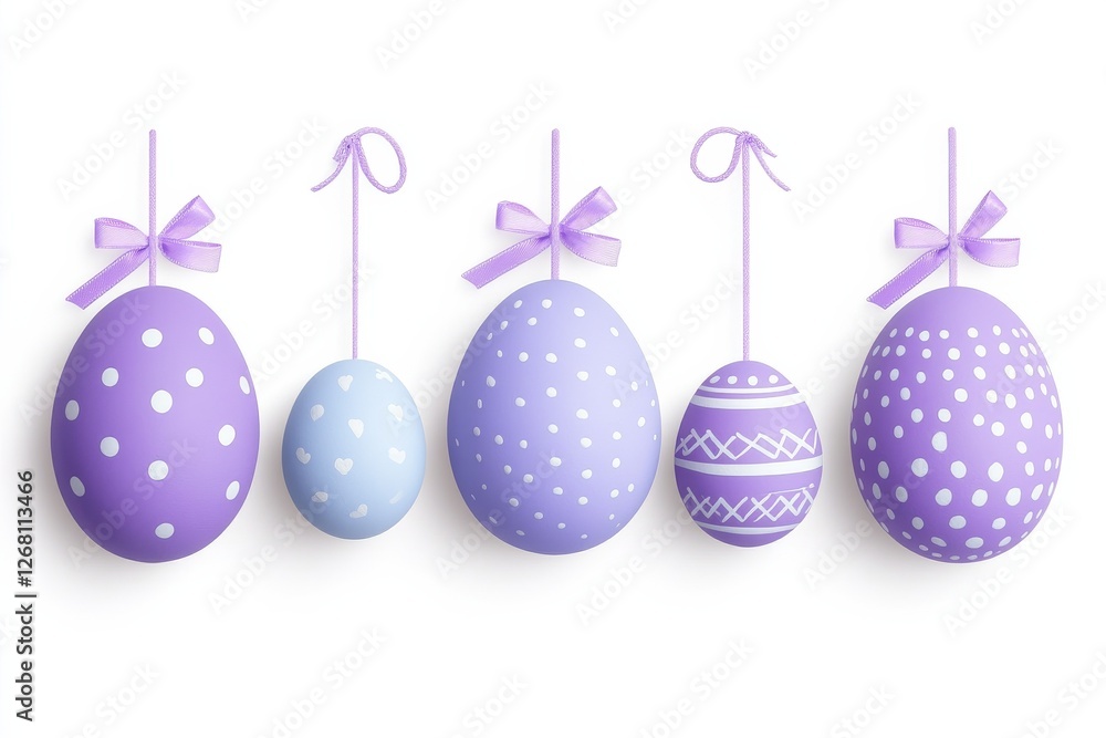 Colorful Easter Eggs with Ribbons and Flowers in Purple and Blue on White Background – Spring Holiday Decorations
