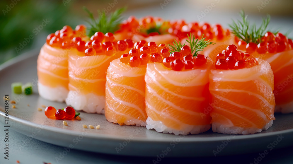 Exquisite sushi rolls adorned with salmon and caviar on a grey plate, perfect for an Asian culinary experience Exquisite sushi rolls adorned with salmon and caviar on a grey plate, perfect for an Asian culinary experience