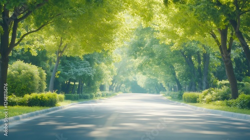 Sunlit road, tree-lined park, tranquil scene, summer photo