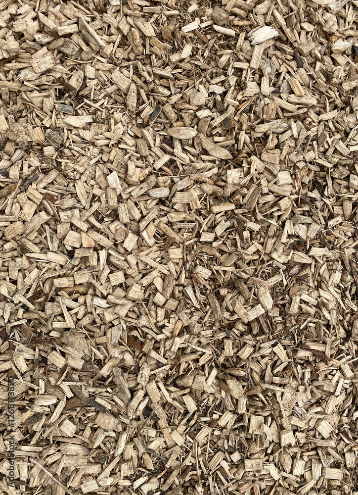 The image is a close-up of a pile of wood shavings. The wood chips are small and irregularly shaped, with a light brown color and a rough texture. They are arranged in a random pattern